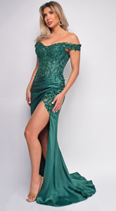 Nalini Green Lace Embellished Satin Gown